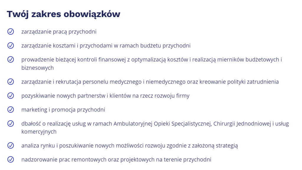 Przykładowe ogłoszenie o pracę na stanowisko menedżera placówki medycznej (źródło: pracuj.pl)