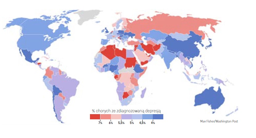 Mapa częstotliwości występowania depresji (źródło: Washington Post).