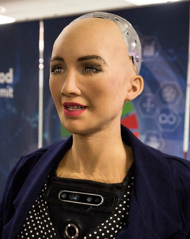 Humanoid Sophia. Celem jej twórców jest maksymalne upodobnienie maszyny do człowieka poprzez symulację mimiki twarzy, ubiór a nawet makijaż