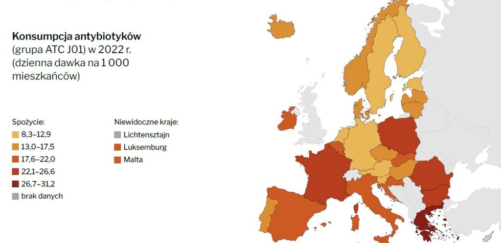 Konsumpcja antybiotyków w Europie (źródło: ECDC, 2022 rok)