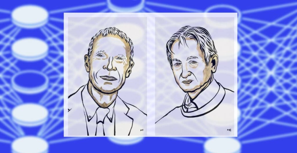 Laureaci Nagrody Nobla z fizyki 2024 - John Hopfield i Geoffrey Hinton  (grafika: Niklas Elmehed, Nobel Prize) 