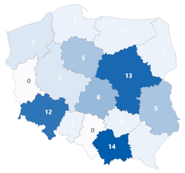 Mapa innowacji dla rozwiązań sztucznej inteligencji (źródło: MZ). Liczby reprezentują sumę rozwiązań AI zgłoszonych przez instytucje i firmy z danego województwa