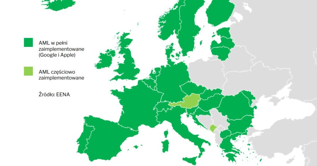 AML zostało wdrożone w większości państw w Europie (źródło: EENA)