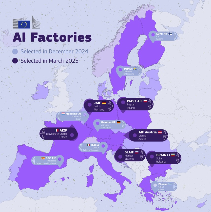 Fabryki AI w Europie. Lokalizacje wytypowane w grudniu 2024 roku (kolor jasnoniebieski) i marcu 2025 r. (kolor ciemnofioletowy)