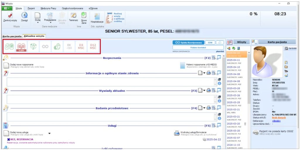 Ikony w oknie wizyty pacjenta (w czerwonym polu) sugerują prawdopodobieństwo wystąpienia choroby. W tym przypadku – choroby nerek (źródło: KAMSOFT)