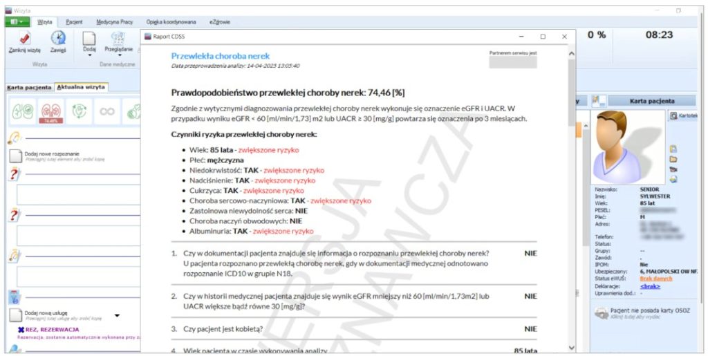 Lekarz może sprawdzić, dlaczego algorytm zasugerował ryzyko wystąpienia choroby (źródło: KAMSOFT)