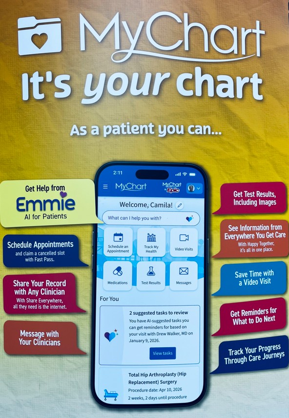 Plakat reklamujący aplikację mobilną dla pacjentów MyChart firmy Epic (zdjęcie: HIMSS Europe 2026)
