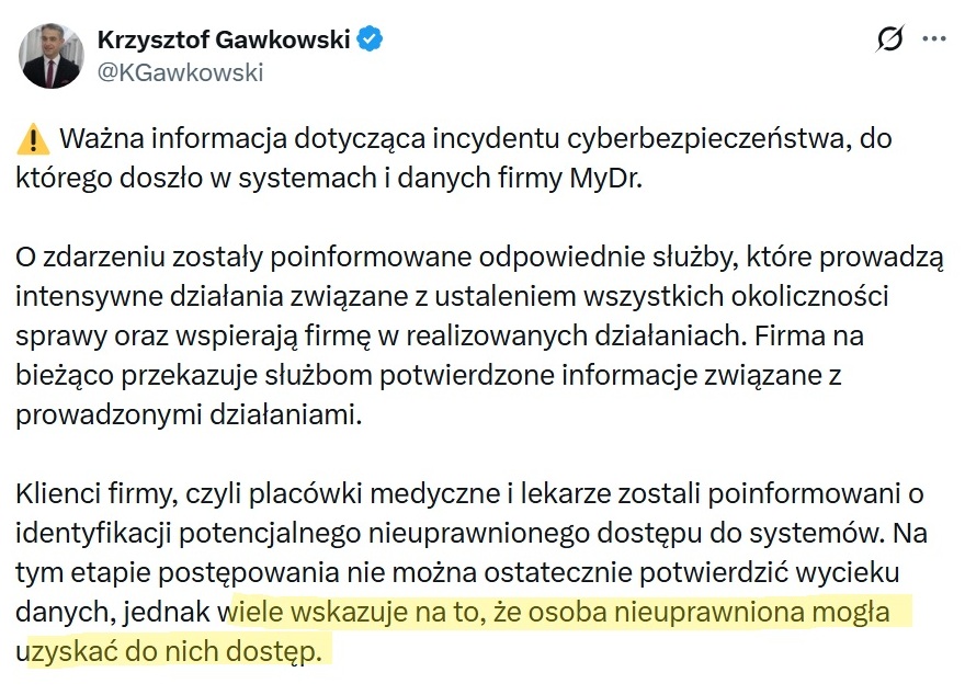 Komunikat ministra cyfryzacji na temat możliwego ataku (źródło: X)
