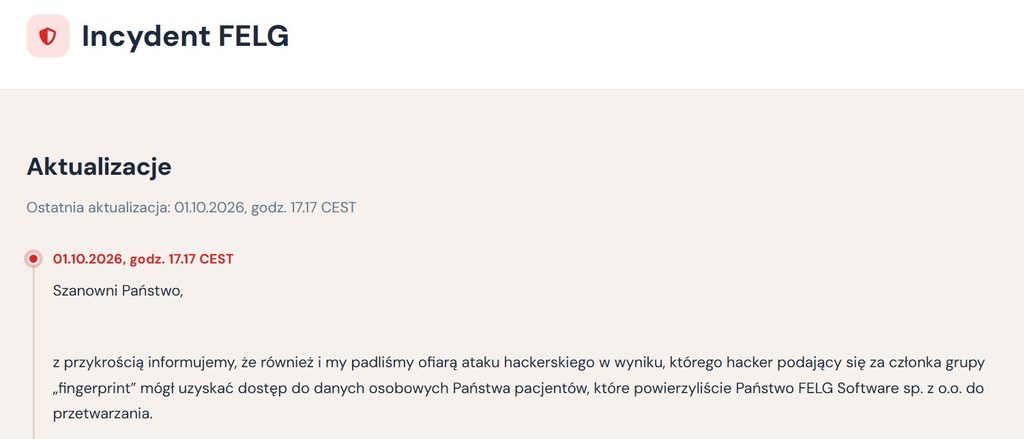 1 października FELG Software sp. z o.o. poinfrmował o cyberataku na dane gromadzone w systemie IT dla stomatologów